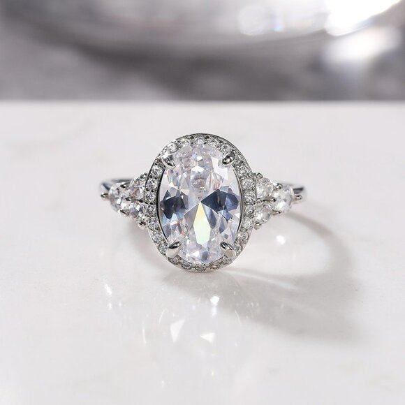 ▶Beautiful Noble Oval Pure CZ Macro Pave Silver Wedding Luxury Rings K936
